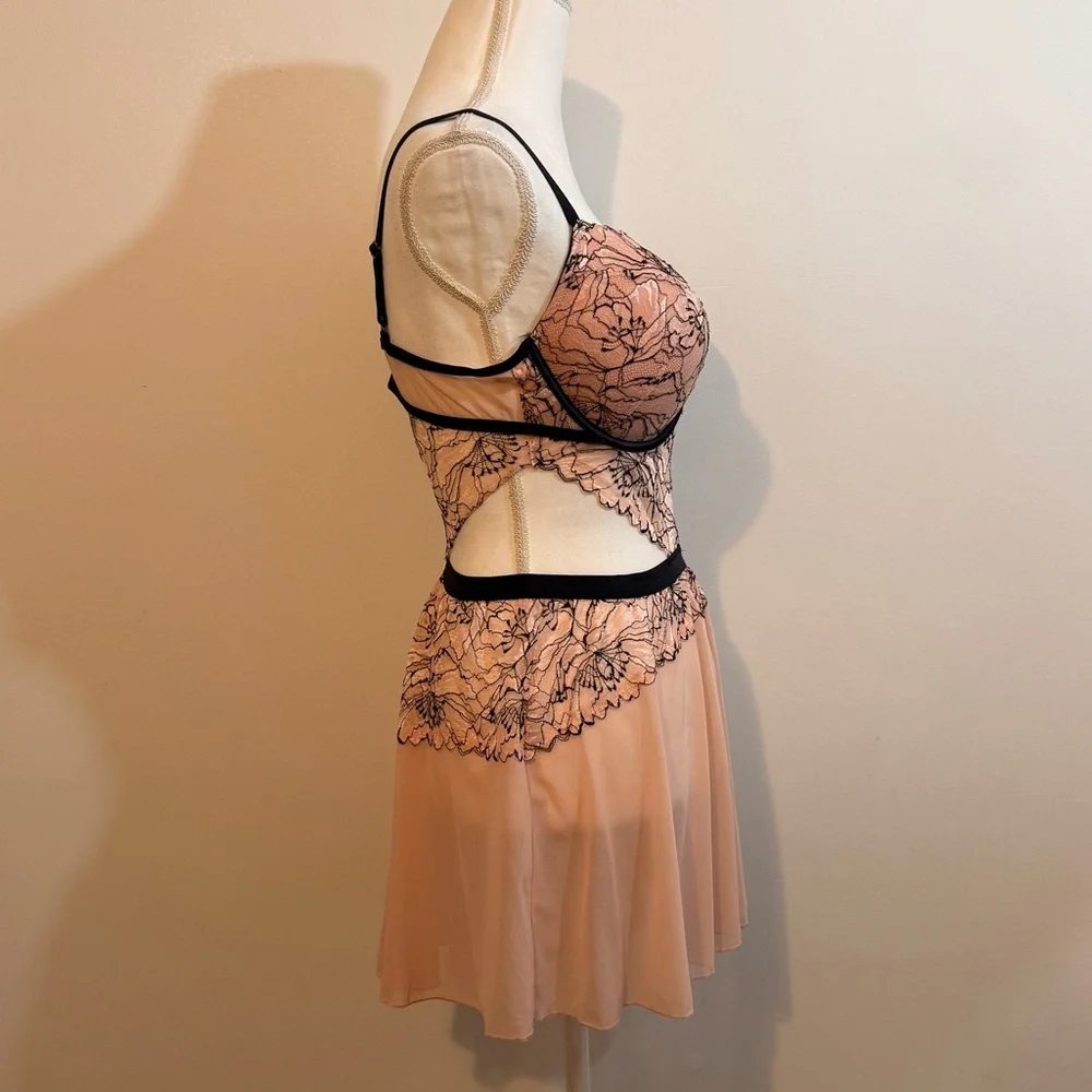 Auden Pink Black Lace Babydoll Chemise Lingerie Dress — Size Large - Picture 3 of 8